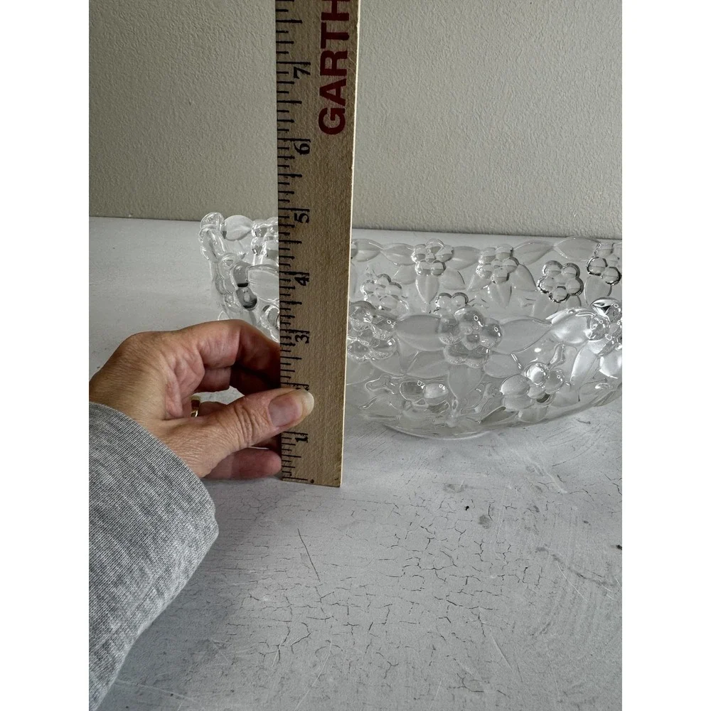 Vintage Pressed Glass Fruit Bowl Floral Embossed 11in Decorative Centerpiece Dis